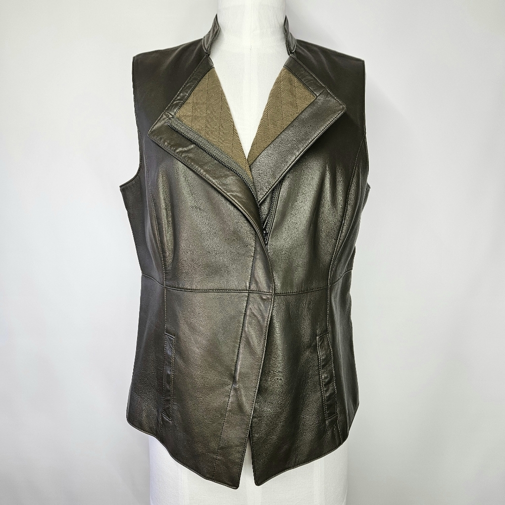 Worth Size 14 Vest Olive Green Leather Minimal Moto Zipper Pockets Vintage 90s